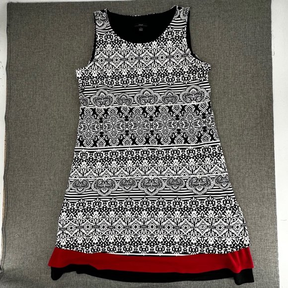 R&K Dress Black‎ White Red Round Neck Sleeveless Large Stretch Mandala Print - Picture 1 of 15